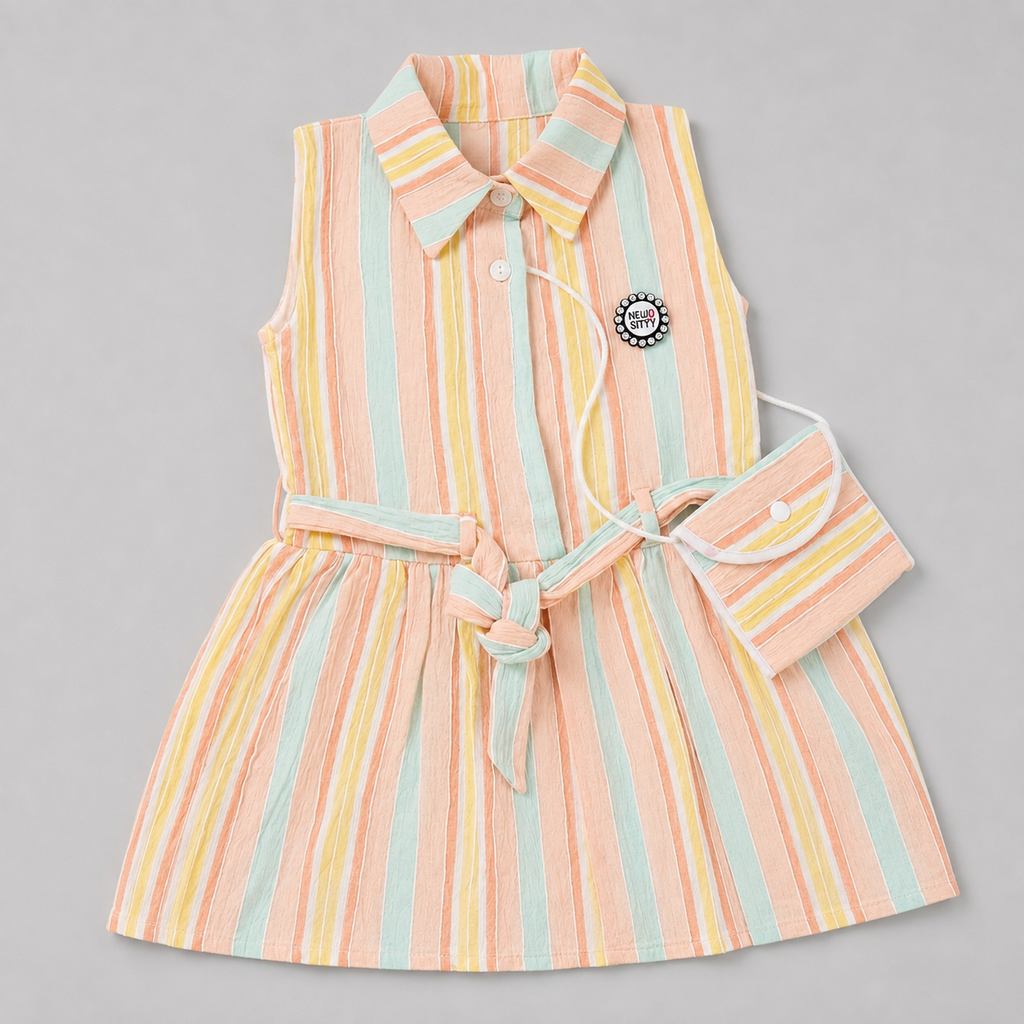 Pastel Rainbow Stripes Collared Dress with Sling Pouch