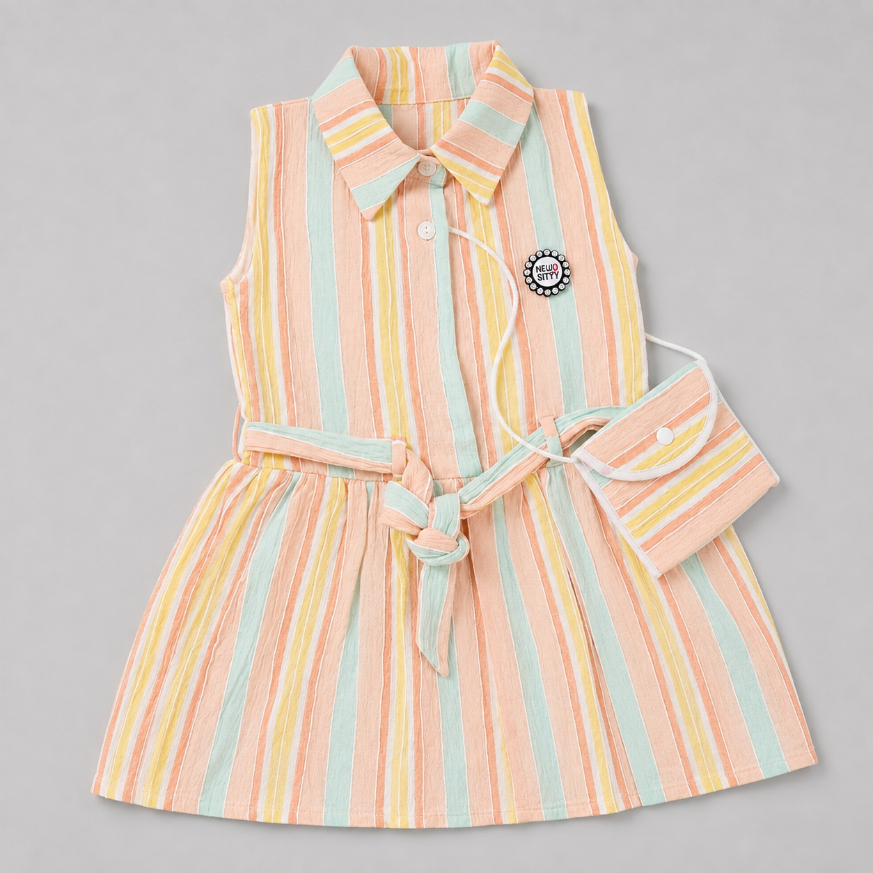 Pastel Rainbow Stripes Collared Dress with Sling Pouch