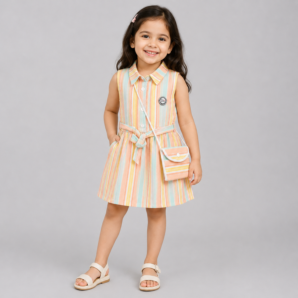 Pastel Rainbow Stripes Collared Dress with Sling Pouch