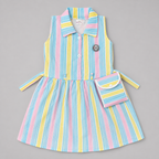 Pastel Rainbow Stripes Collared Dress with Sling Pouch