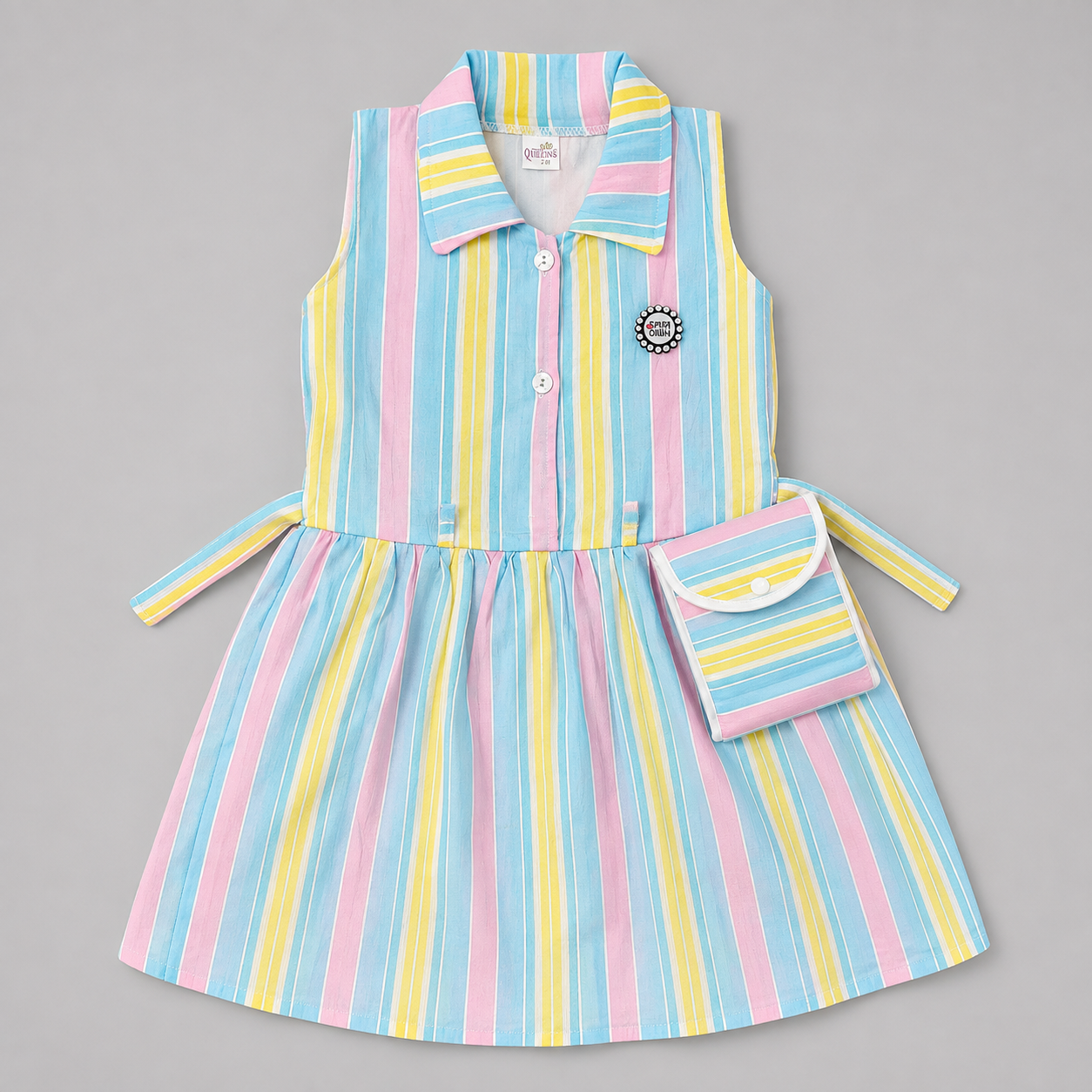 Pastel Rainbow Stripes Collared Dress with Sling Pouch