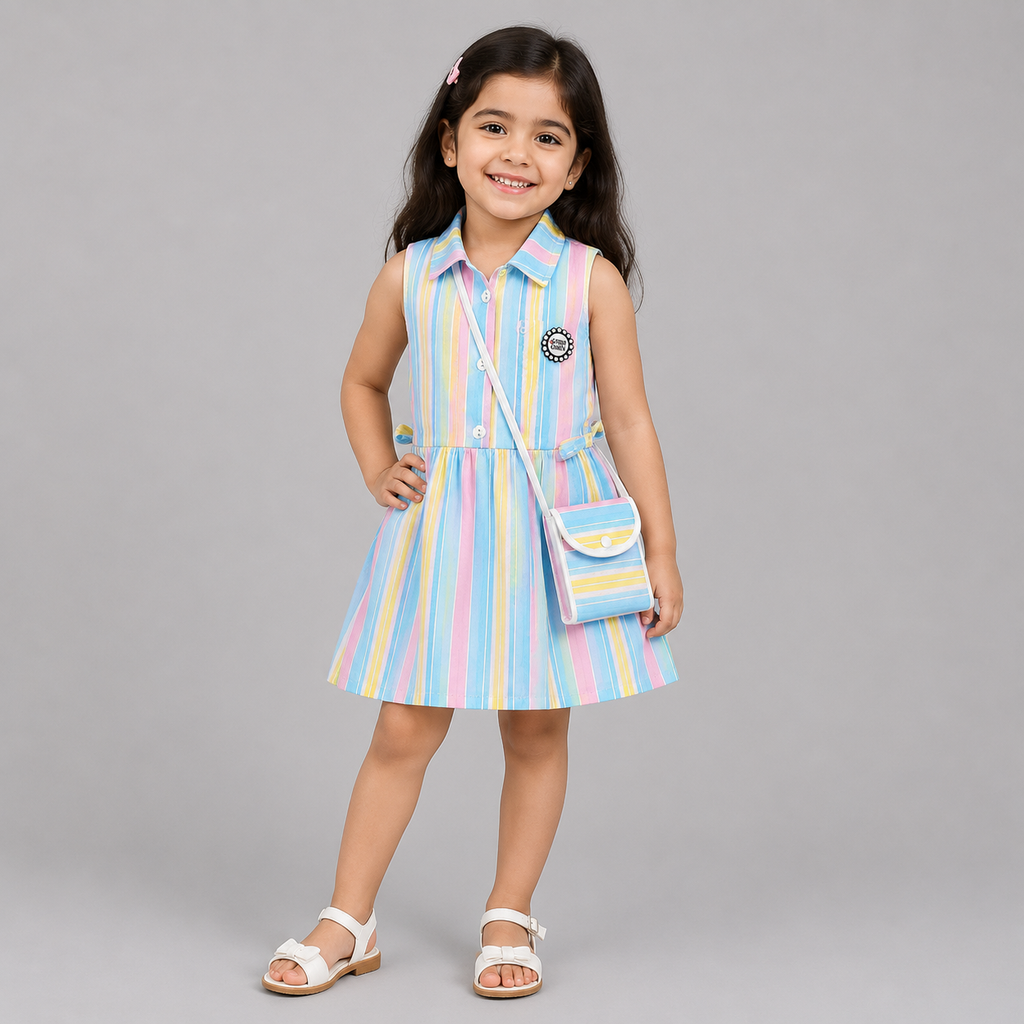 Pastel Rainbow Stripes Collared Dress with Sling Pouch