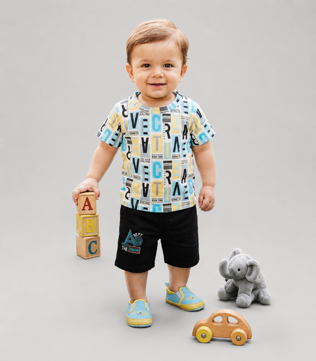 Alphabet Print Tee & Shorts Set for Boys