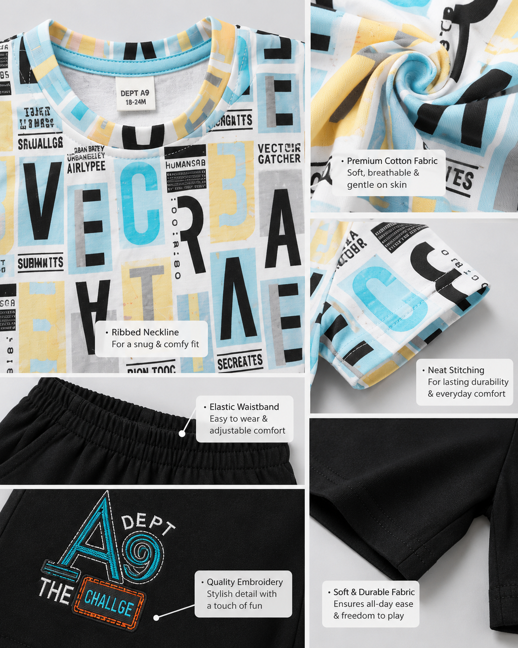 Alphabet Print Tee & Shorts Set for Boys