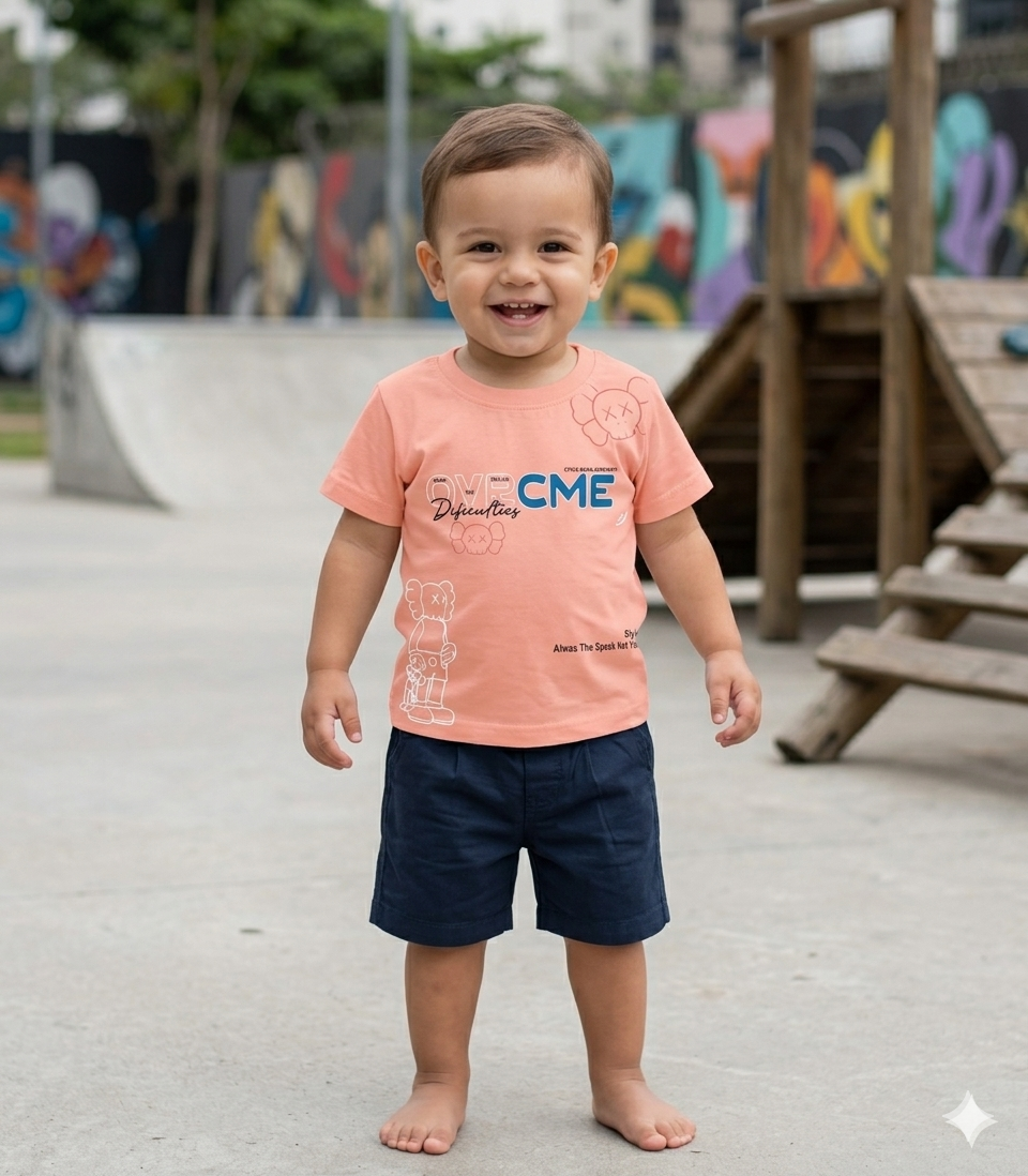 Cool Peach Tee &  navy Denim Shorts Set