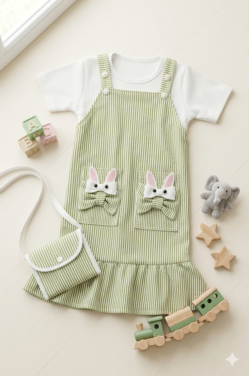 Cute Bunny Pocket Pinafore Dress Green