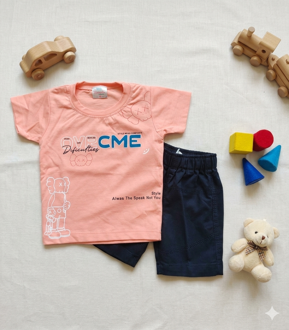Cool Peach Tee &  navy Denim Shorts Set