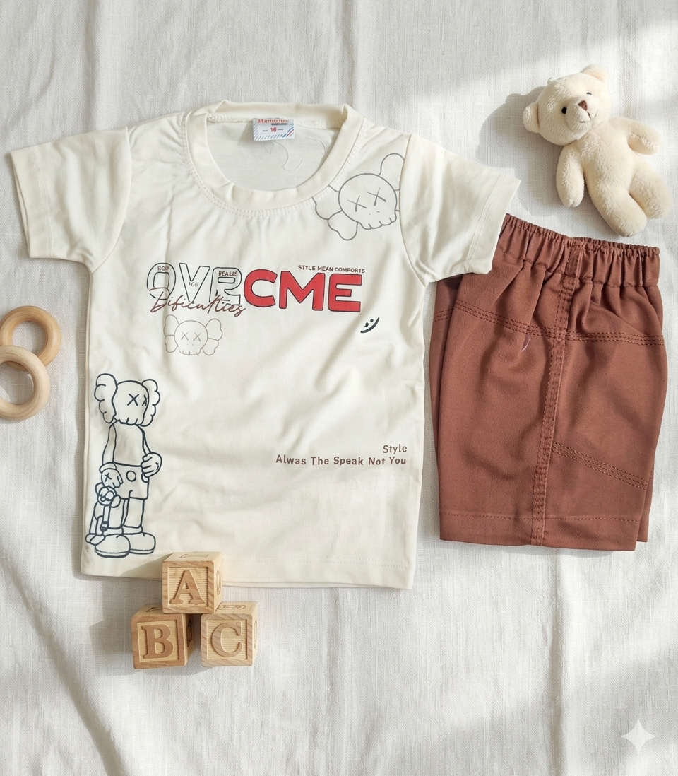 Cool Beige Tee &  Brown Denim Shorts Set