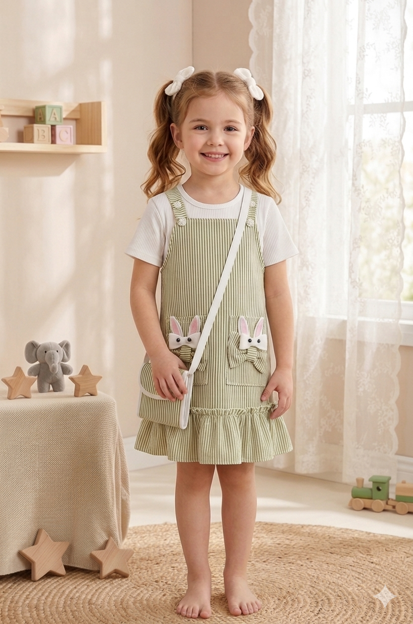 Cute Bunny Pocket Pinafore Dress Green