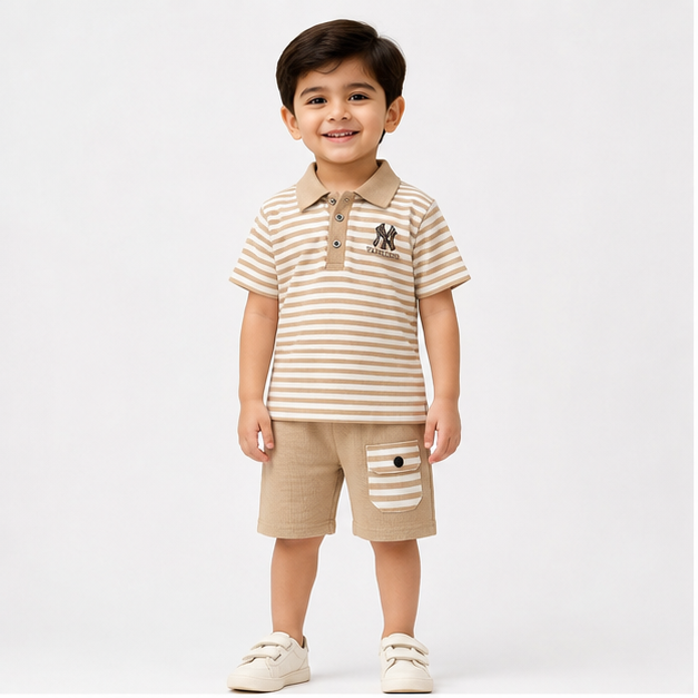 Boys’ Beige Striped Polo & Shorts Set