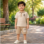 Boys’ Beige Striped Polo & Shorts Set