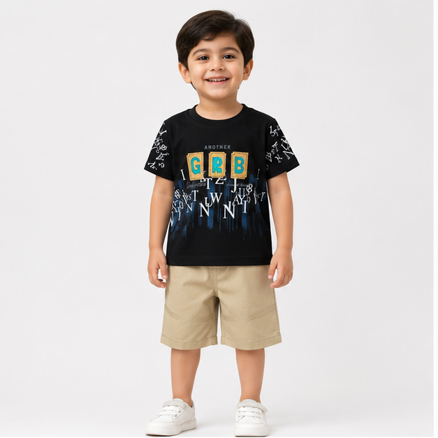Boys Graphic T-Shirt & Beige Shorts Set