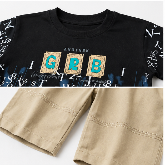 Boys Graphic T-Shirt & Beige Shorts Set
