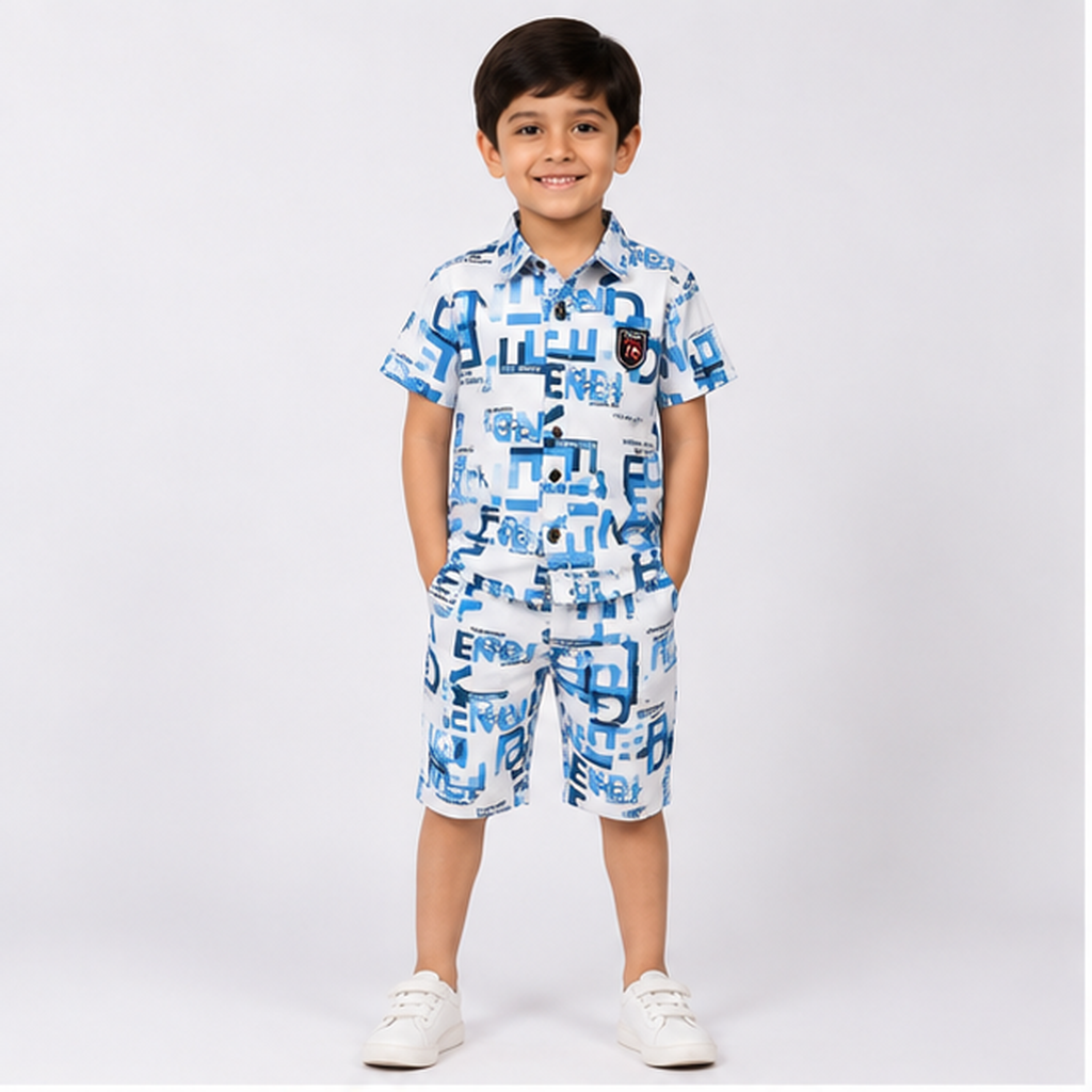 Boys Blue Print Collared Shirt & Shorts Set