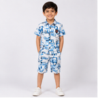 Boys Blue Print Collared Shirt & Shorts Set