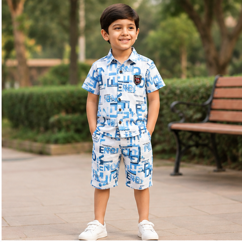 Boys Blue Print Collared Shirt & Shorts Set