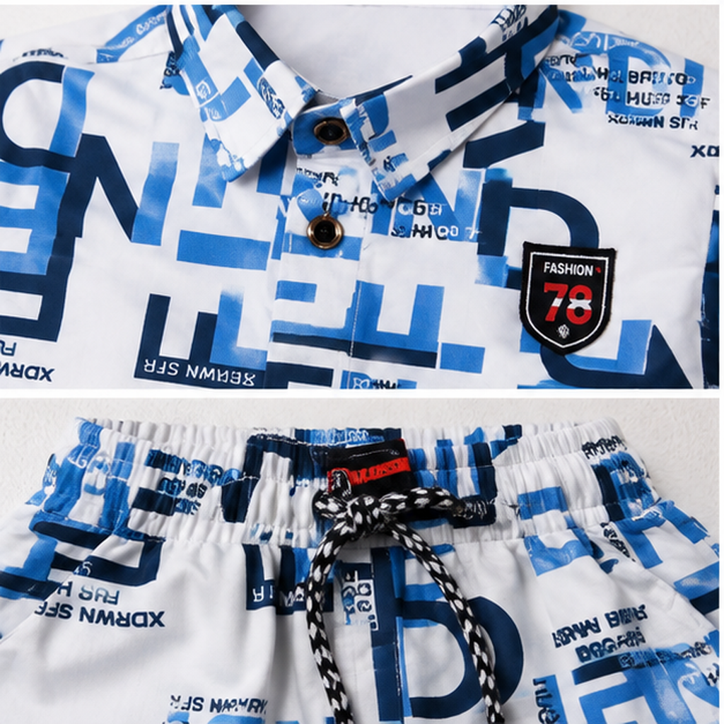 Boys Blue Print Collared Shirt & Shorts Set