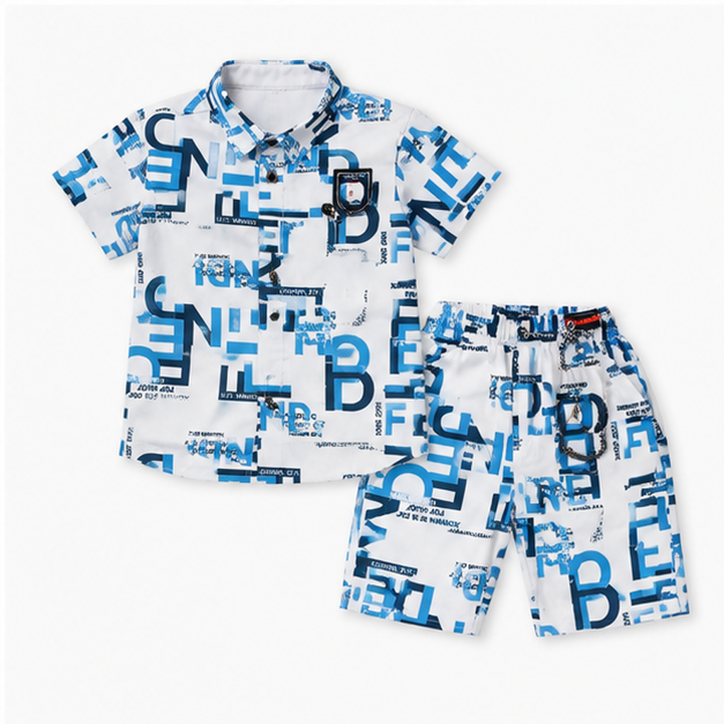 Boys Blue Print Collared Shirt & Shorts Set