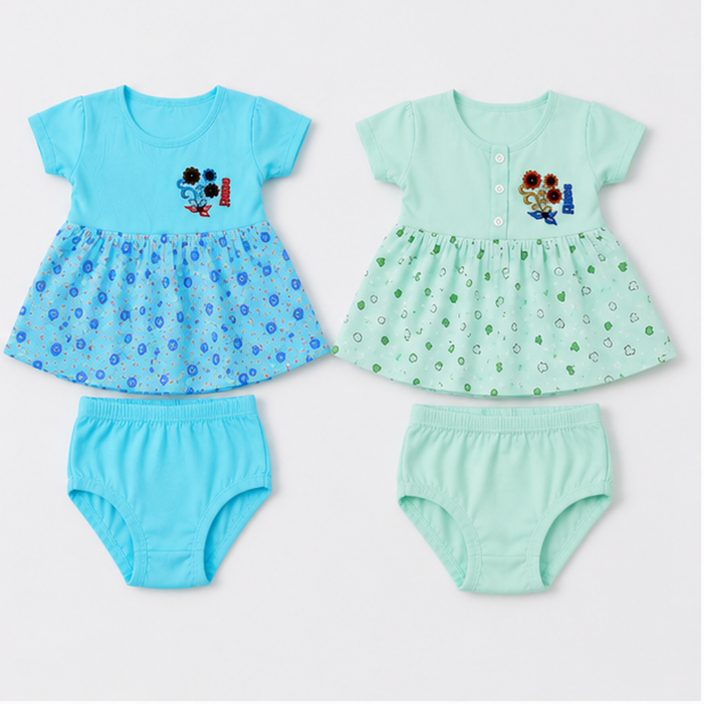 Floral & Heart Print Cotton Dress Set – 2 Piece