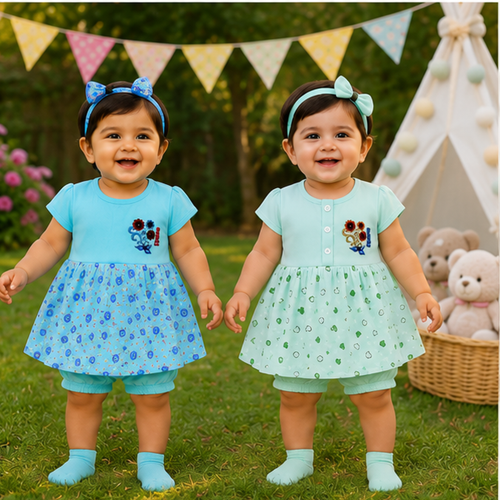 Floral & Heart Print Cotton Dress Set – 2 Piece