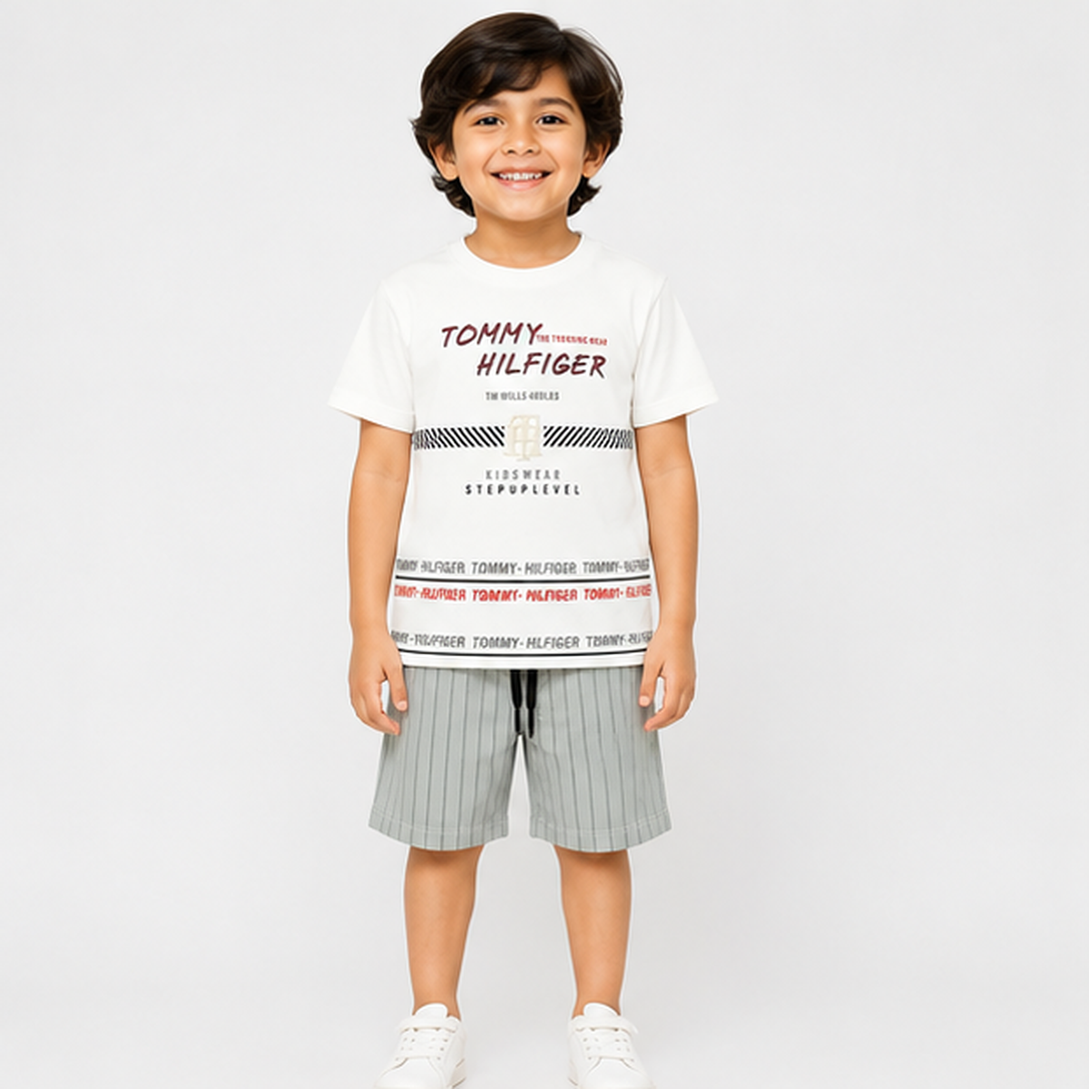 Urban Vibe Off-White Tee & Striped Denim Shorts Set