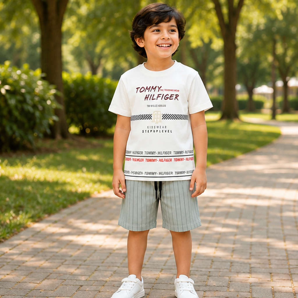 Urban Vibe Off-White Tee & Striped Denim Shorts Set