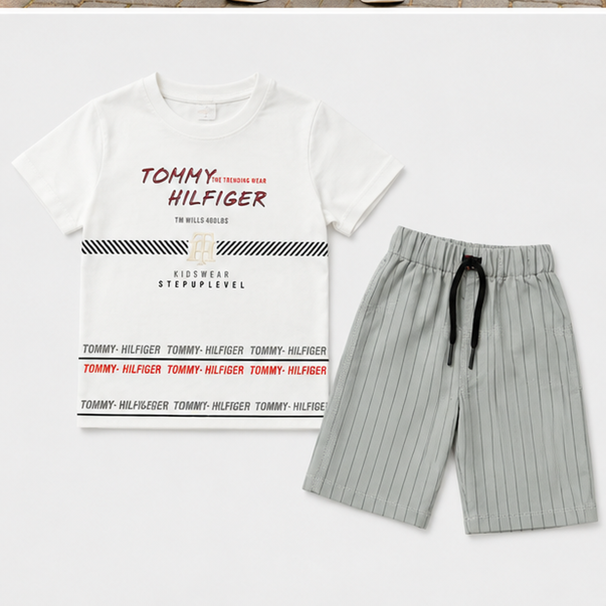 Urban Vibe Off-White Tee & Striped Denim Shorts Set