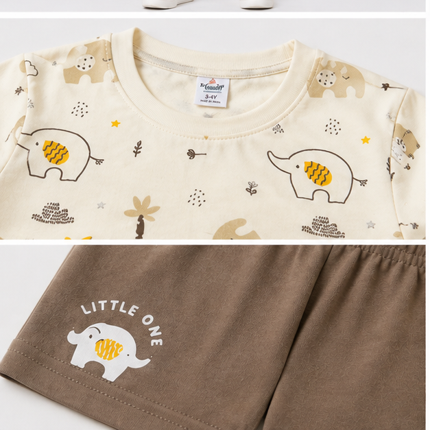 Cream Elephant Print T-Shirt & Brown Shorts Set
