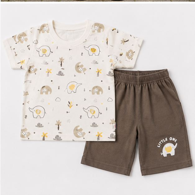 Cream Elephant Print T-Shirt & Brown Shorts Set