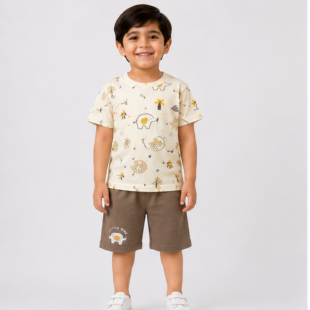 Cream Elephant Print T-Shirt & Brown Shorts Set