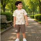 Cream Elephant Print T-Shirt & Brown Shorts Set