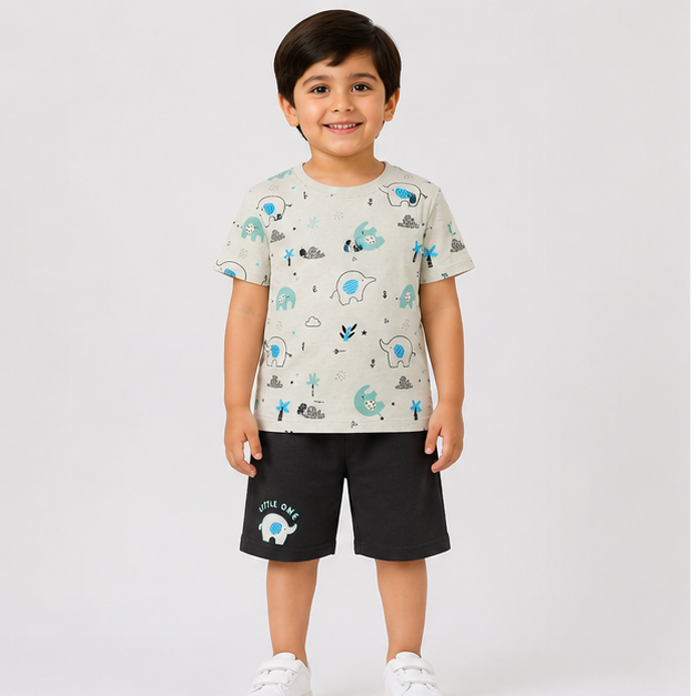 Product Name: Boys’ Teal Elephant Print T-Shirt & Deep Green Shorts Set