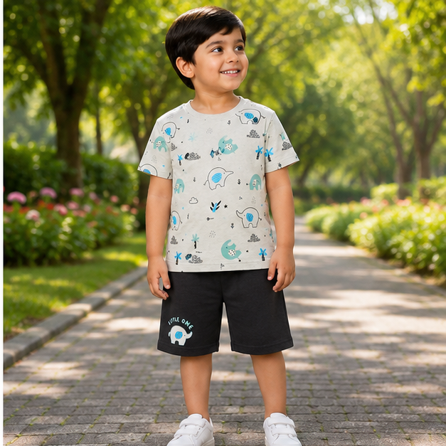 Product Name: Boys’ Teal Elephant Print T-Shirt & Deep Green Shorts Set