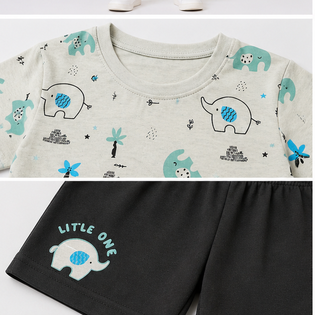 Product Name: Boys’ Teal Elephant Print T-Shirt & Deep Green Shorts Set