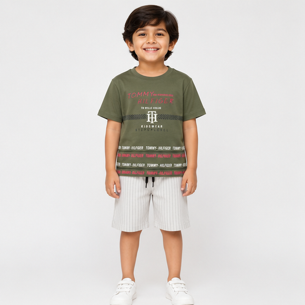 Urban Vibe Forest Green Tee & Striped Denim Shorts Set