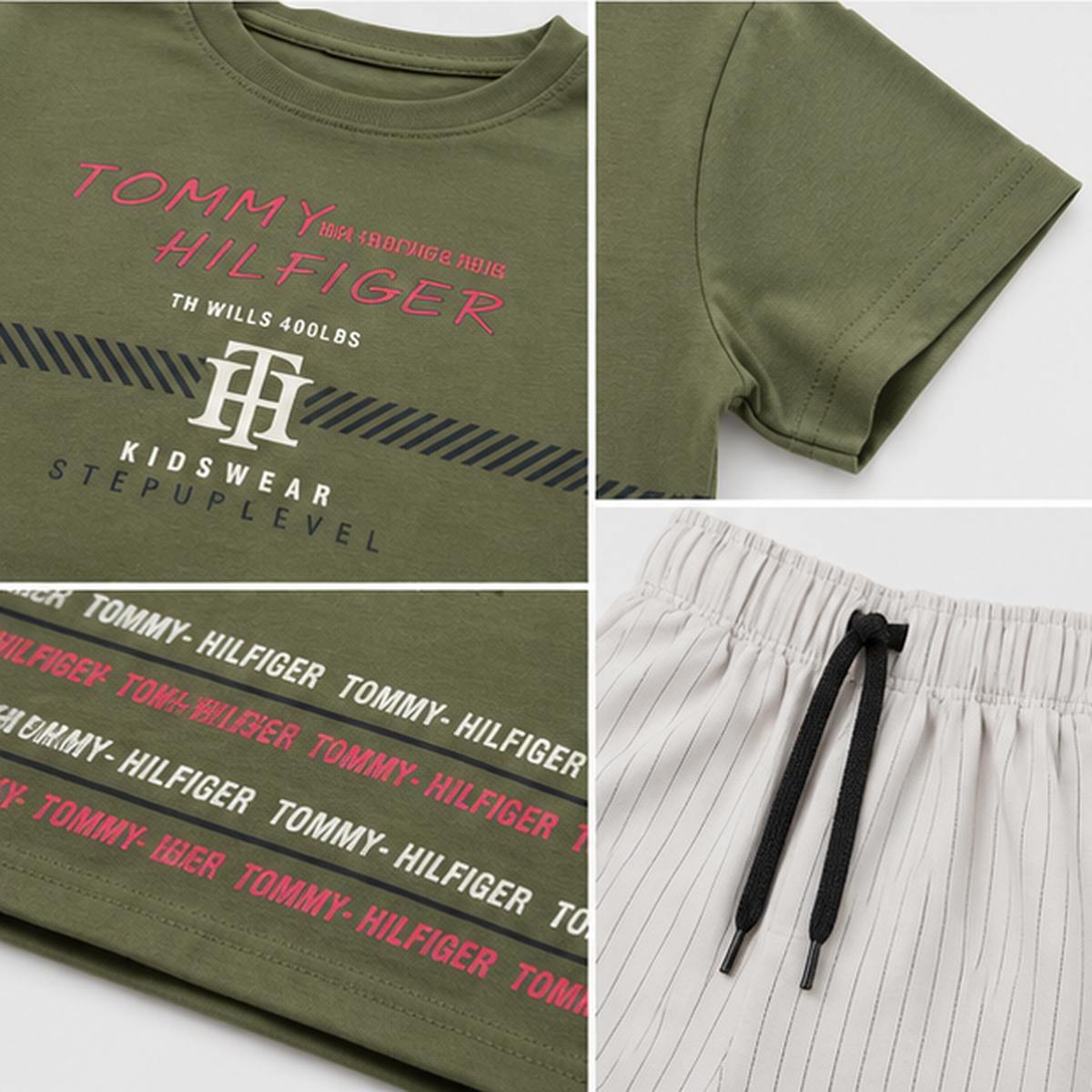Urban Vibe Forest Green Tee & Striped Denim Shorts Set