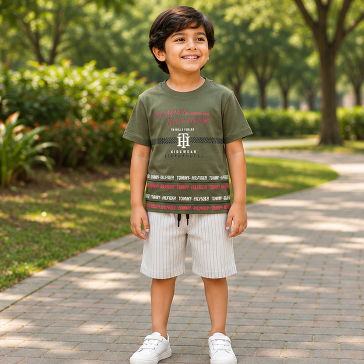 Urban Vibe Forest Green Tee & Striped Denim Shorts Set