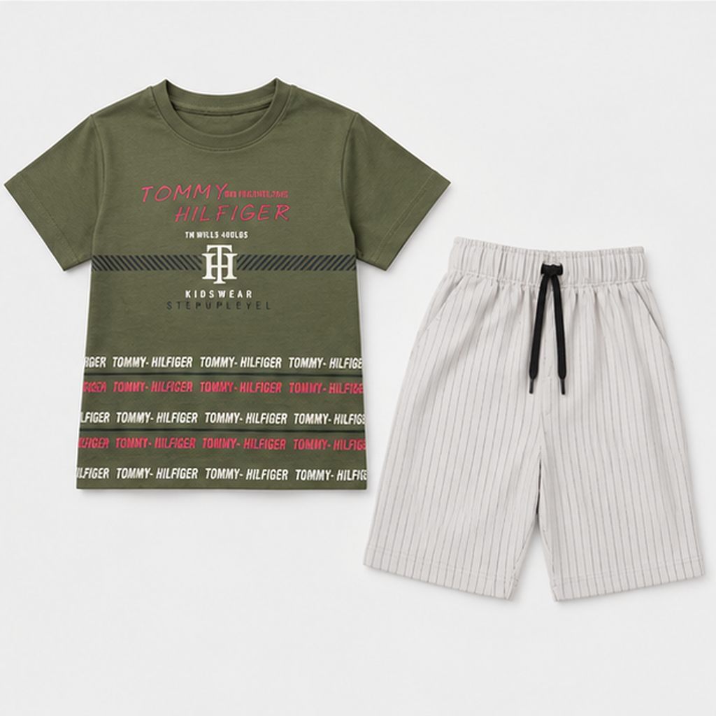 Urban Vibe Forest Green Tee & Striped Denim Shorts Set
