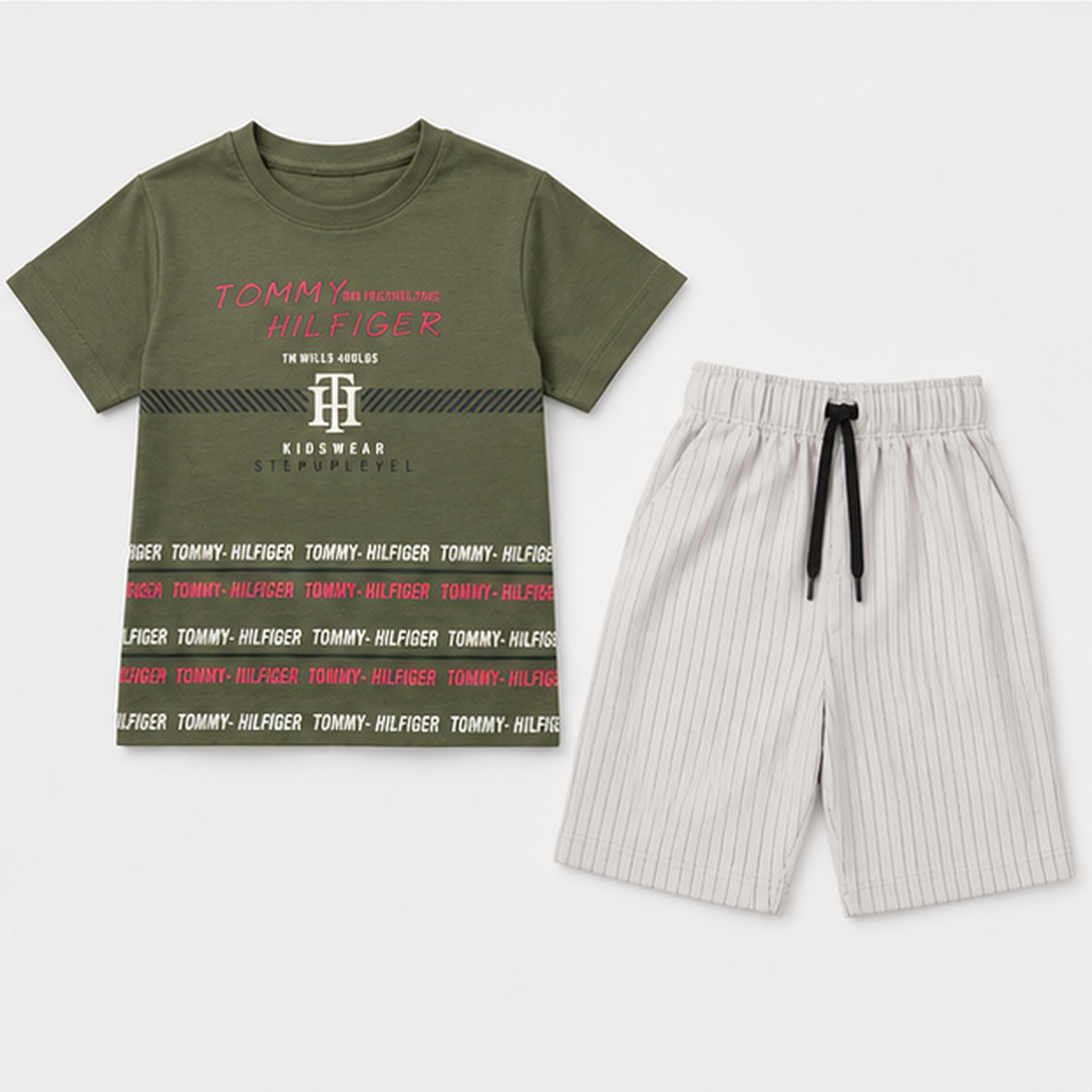 Urban Vibe Forest Green Tee & Striped Denim Shorts Set