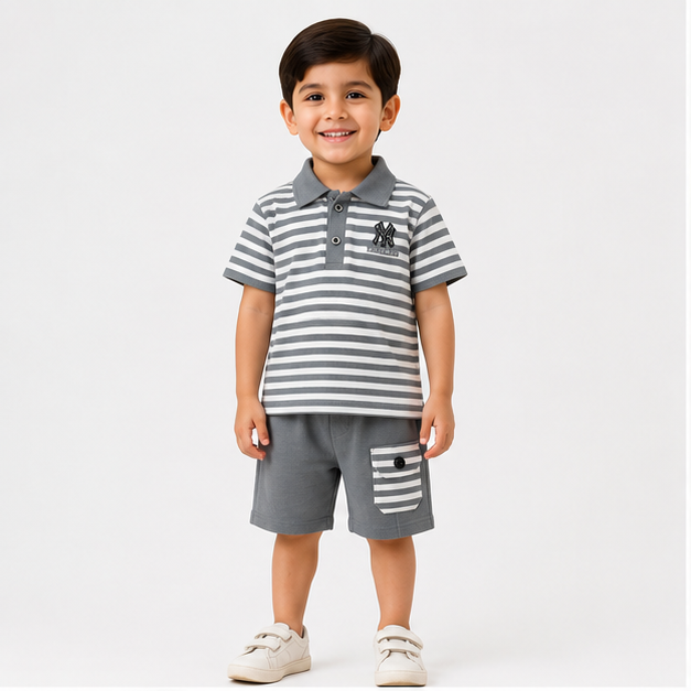 Boys’ Grey Striped Polo & Shorts Set