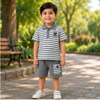 Boys’ Grey Striped Polo & Shorts Set