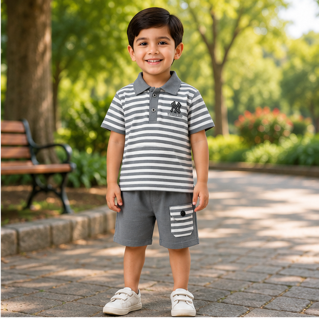 Boys’ Grey Striped Polo & Shorts Set