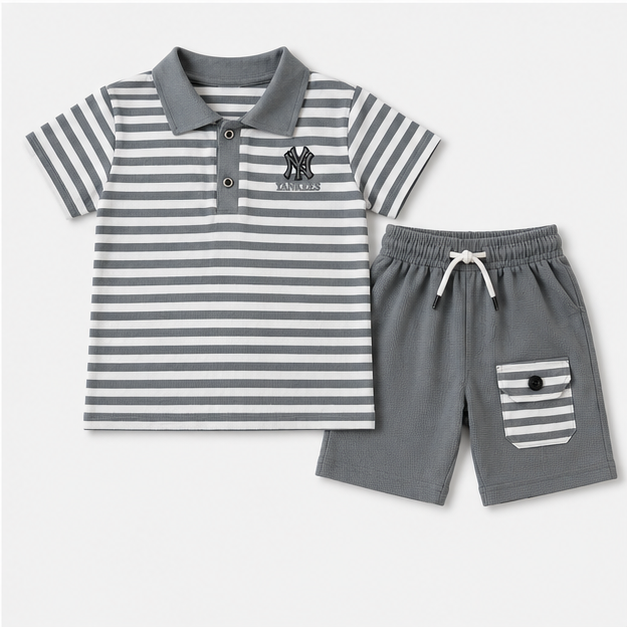 Boys’ Grey Striped Polo & Shorts Set
