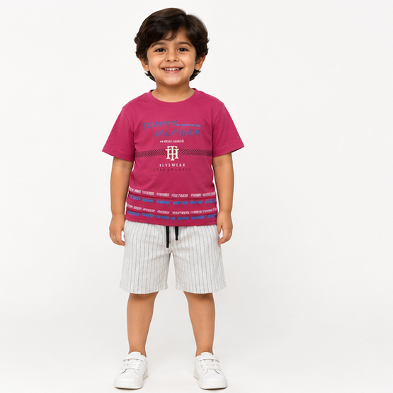 Urban Vibe Maroon Tee & Striped Denim Shorts Set