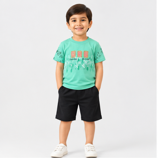 Boys Mint Green Graphic T-Shirt & Black Shorts Set