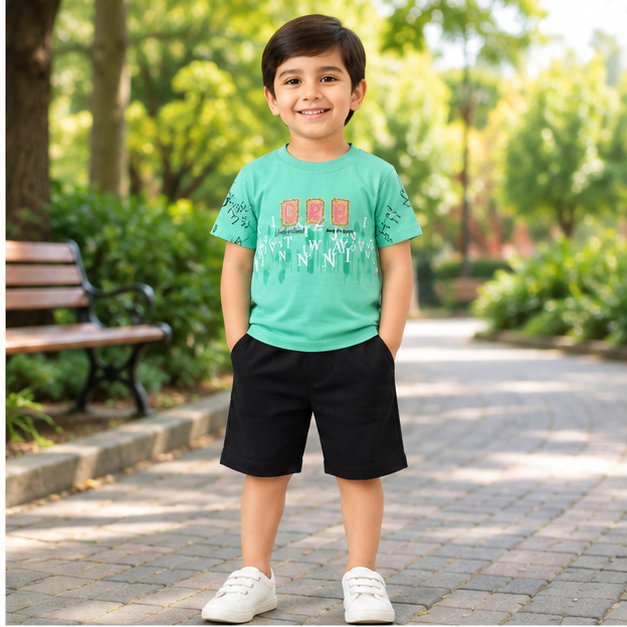Boys Mint Green Graphic T-Shirt & Black Shorts Set