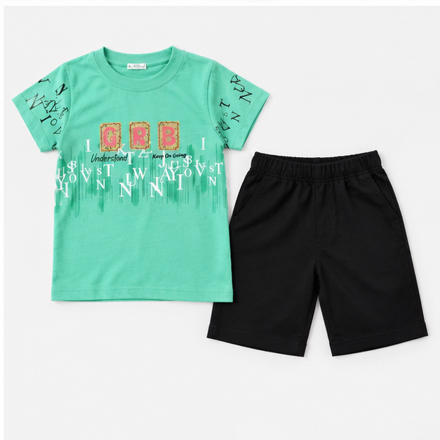 Boys Mint Green Graphic T-Shirt & Black Shorts Set