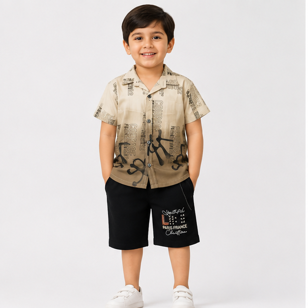 Beige Printed Shirt & Black Denim Shorts Set