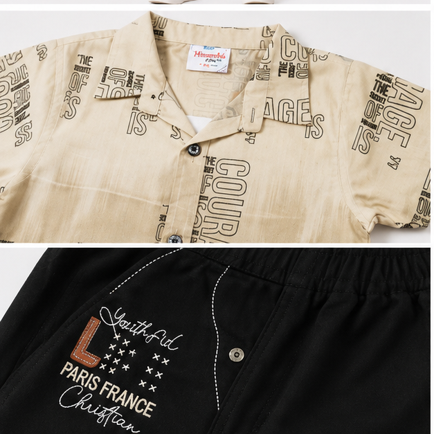 Beige Printed Shirt & Black Denim Shorts Set