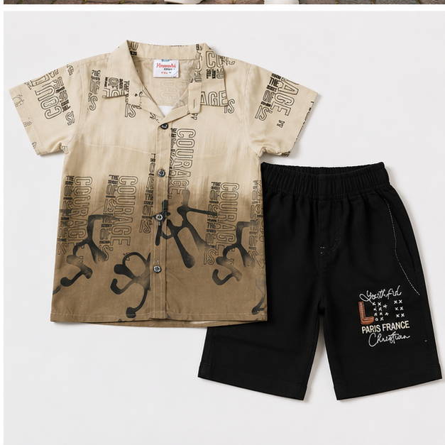 Beige Printed Shirt & Black Denim Shorts Set